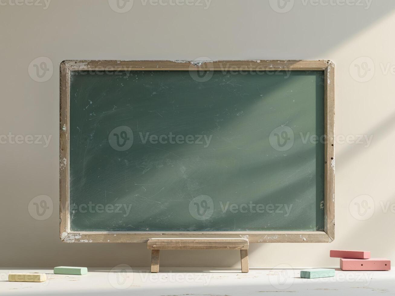 A blackboard with chalk and blocks on a white table photo