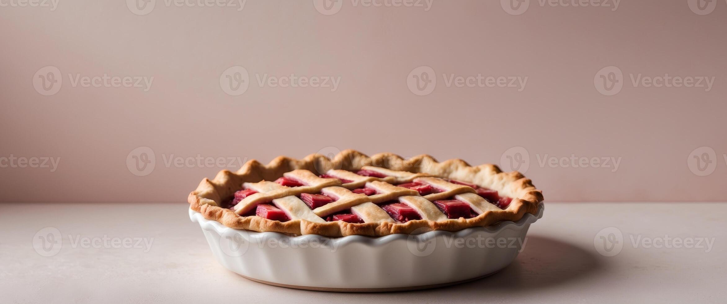 A pie with a lattice top sits in a white bowl photo