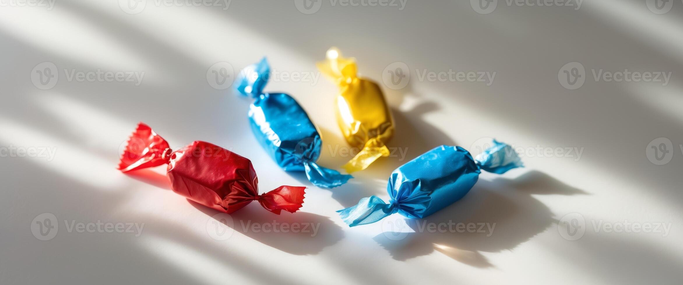 Three colorful candy wrappers on a white surface photo