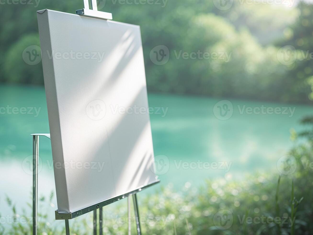 An easel with a blank canvas in front of a lake photo