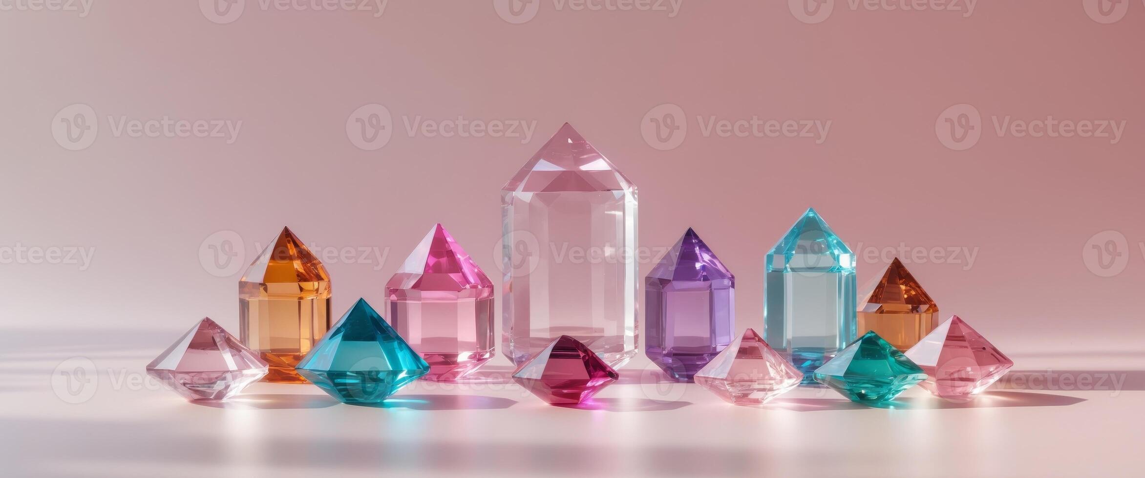A group of colorful crystal stones on a pink background photo