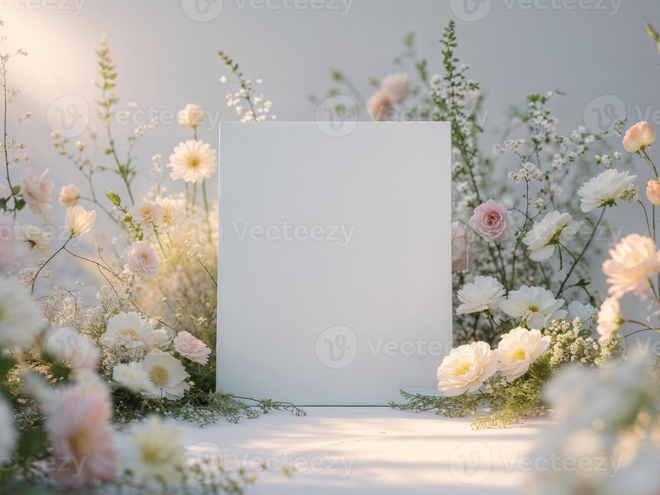 Blank white card with flowers and greenery on a white background photo