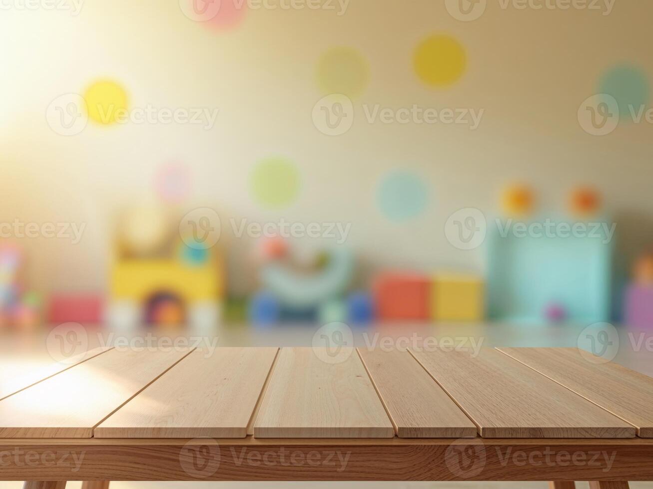 Wooden Tabletop with Blurred Background of Colorful Playroom. photo