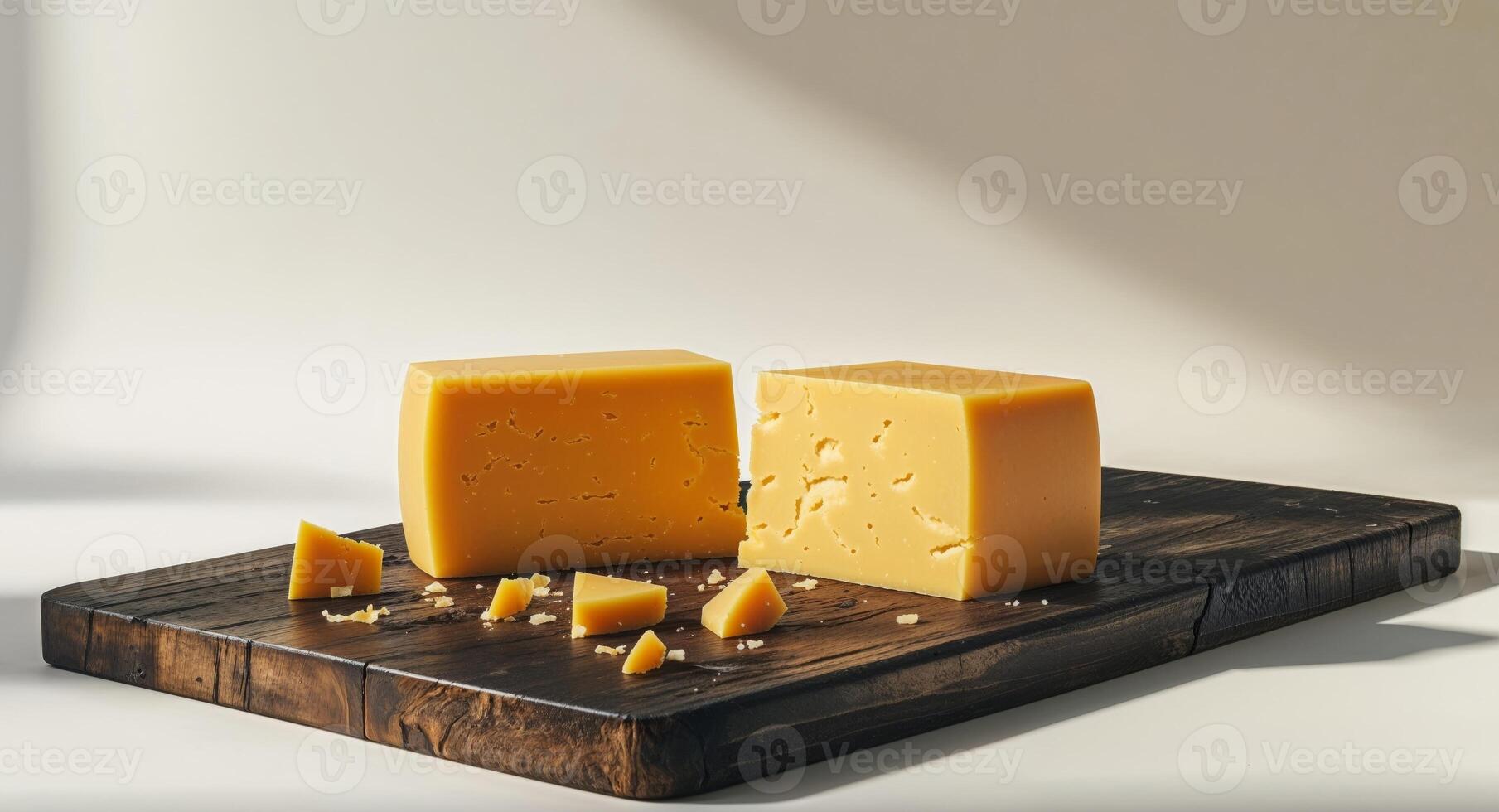 Two large blocks of cheddar cheese resting on wooden cutting board with smaller pieces photo