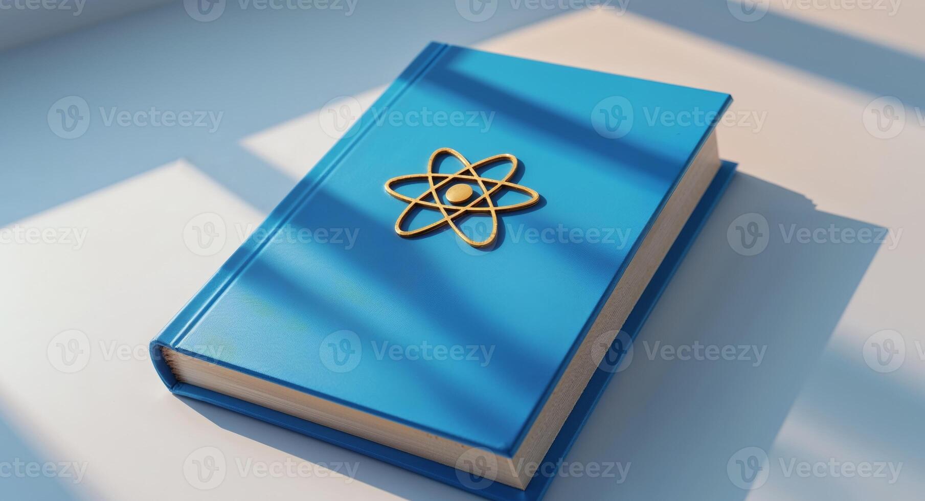 Blue Book with Atom Symbol on Top Representing Science and Education photo