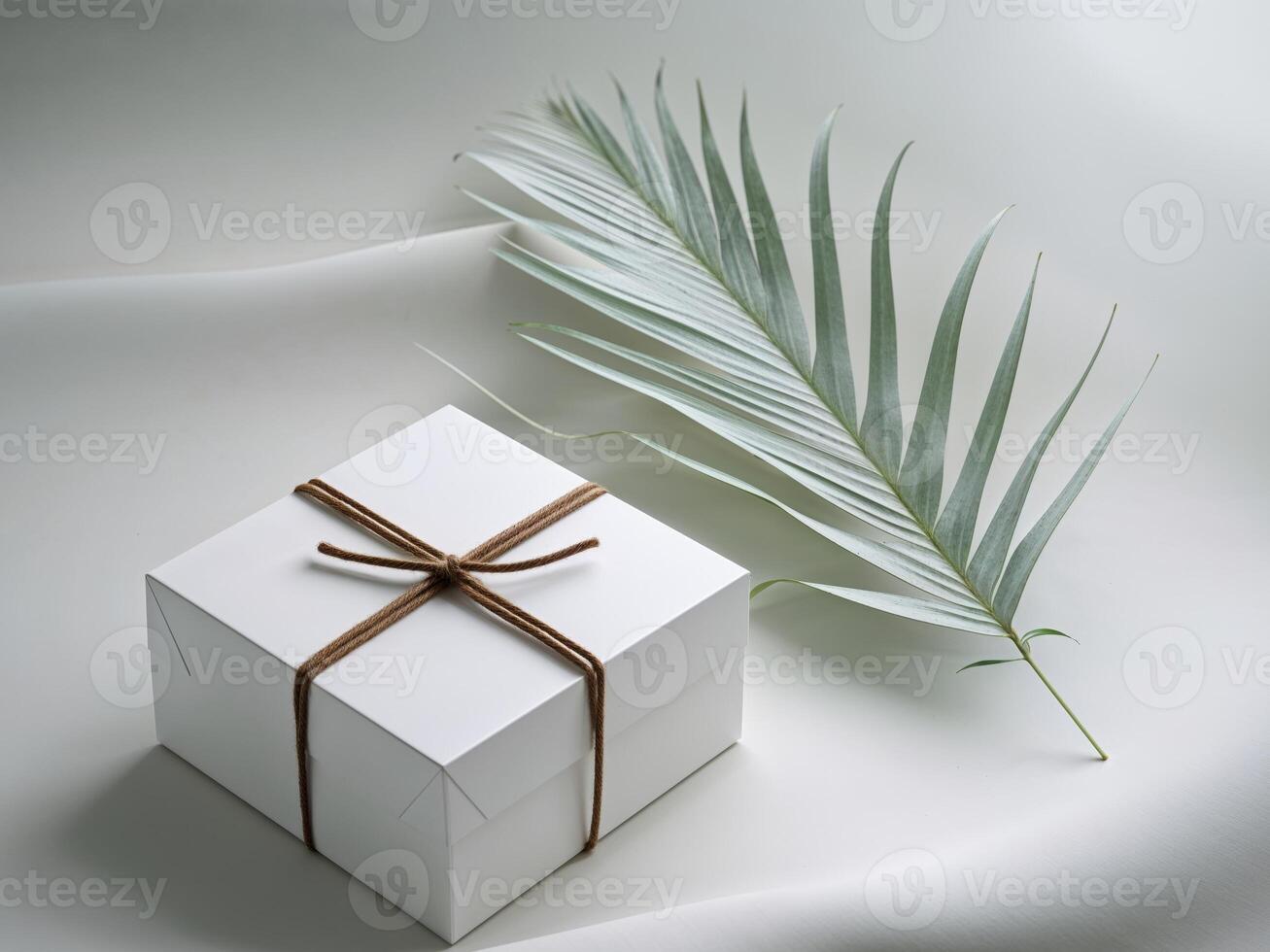 Simple White Square Box Tied with Brown Twine on Gray Surface with Palm Leaf. photo