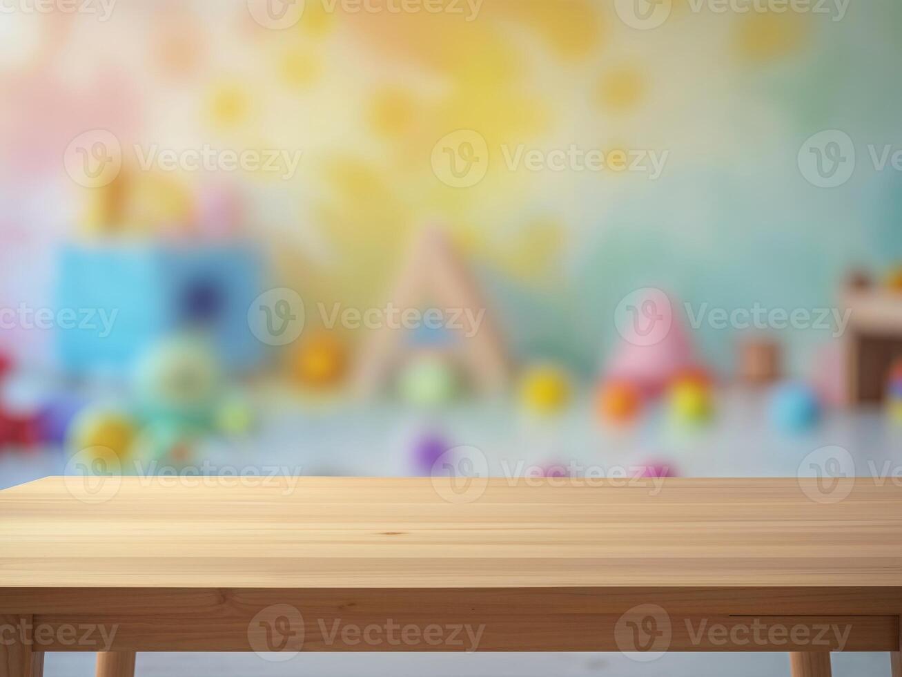 Wooden Tabletop with Blurred Background of Colorful Playroom photo