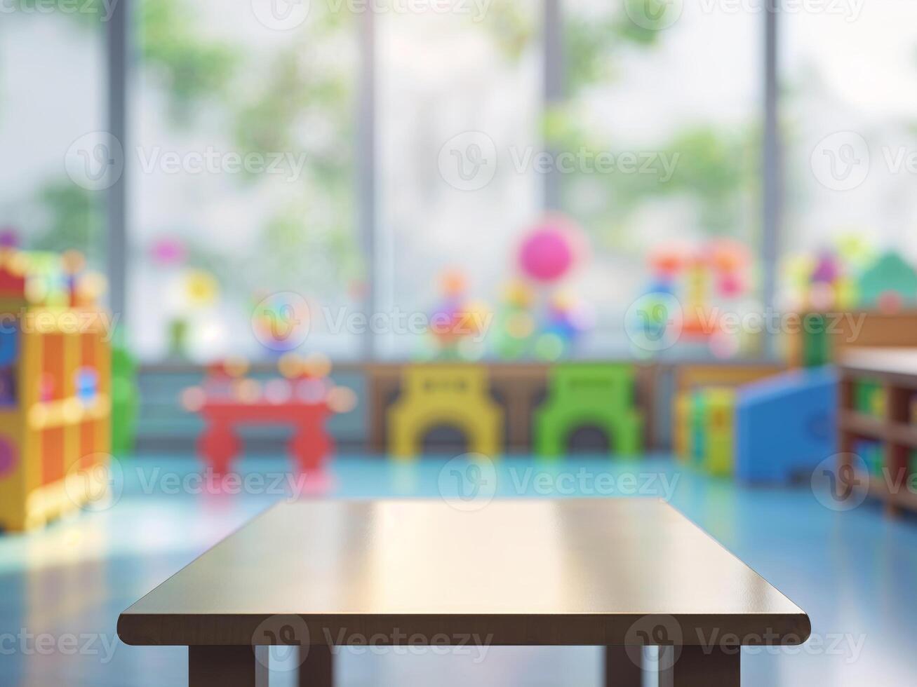 Table in a children's playroom with colorful toys photo