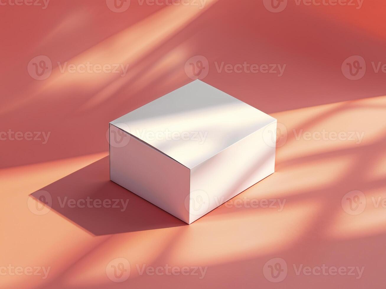 Blank White Box Mockup on Coral Background with Sunlight Shadows. photo