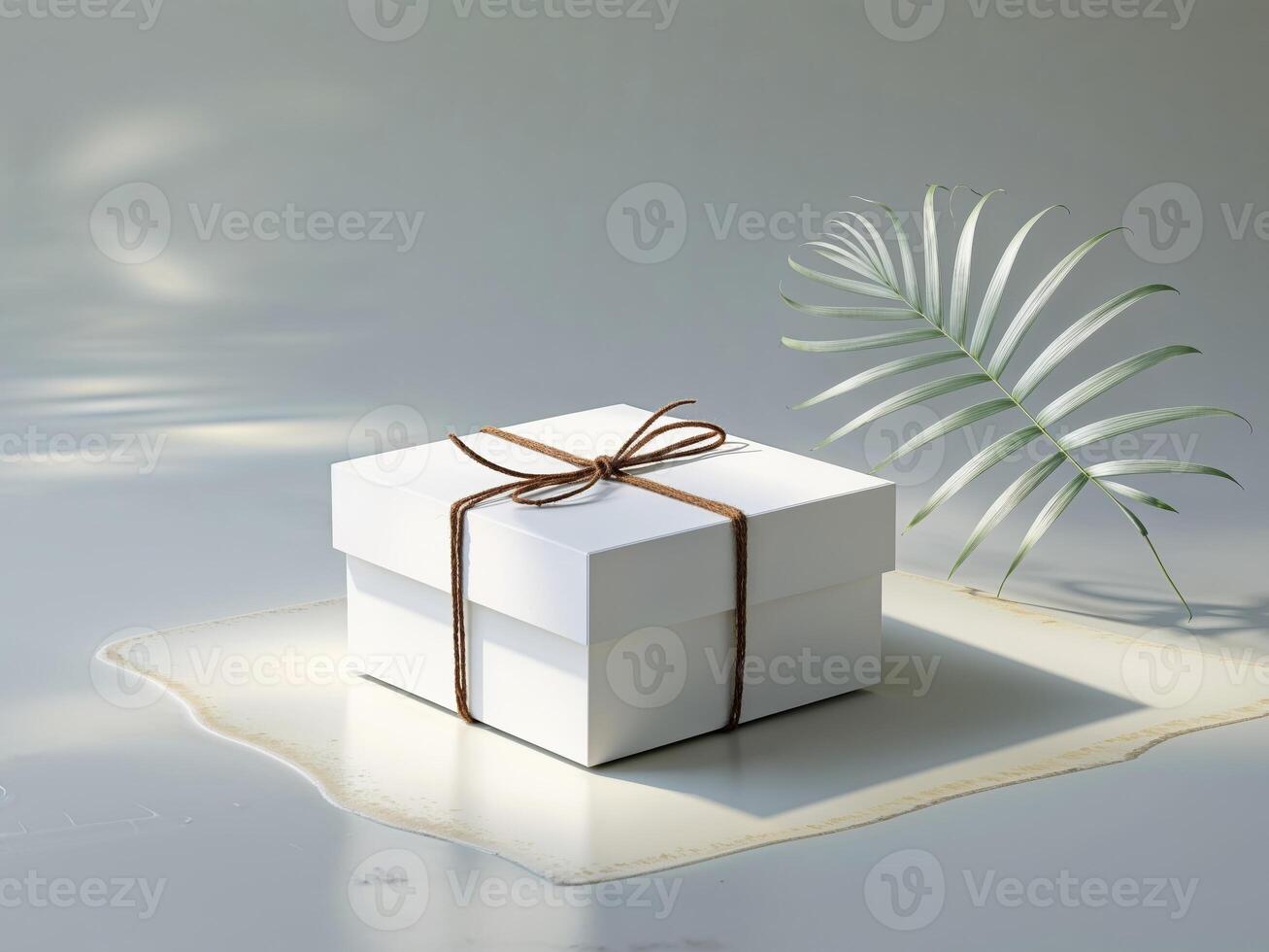Simple White Square Box Tied with Brown Twine on Gray Surface with Palm Leaf photo