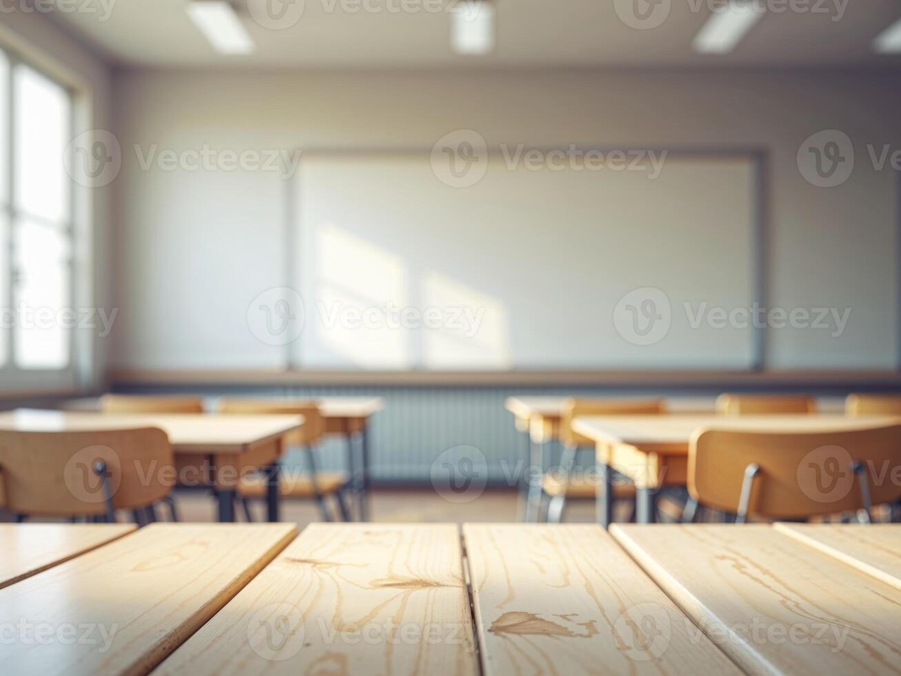 Empty Wooden Table Top with Blurred Classroom Background for Product Display or Education Themes photo