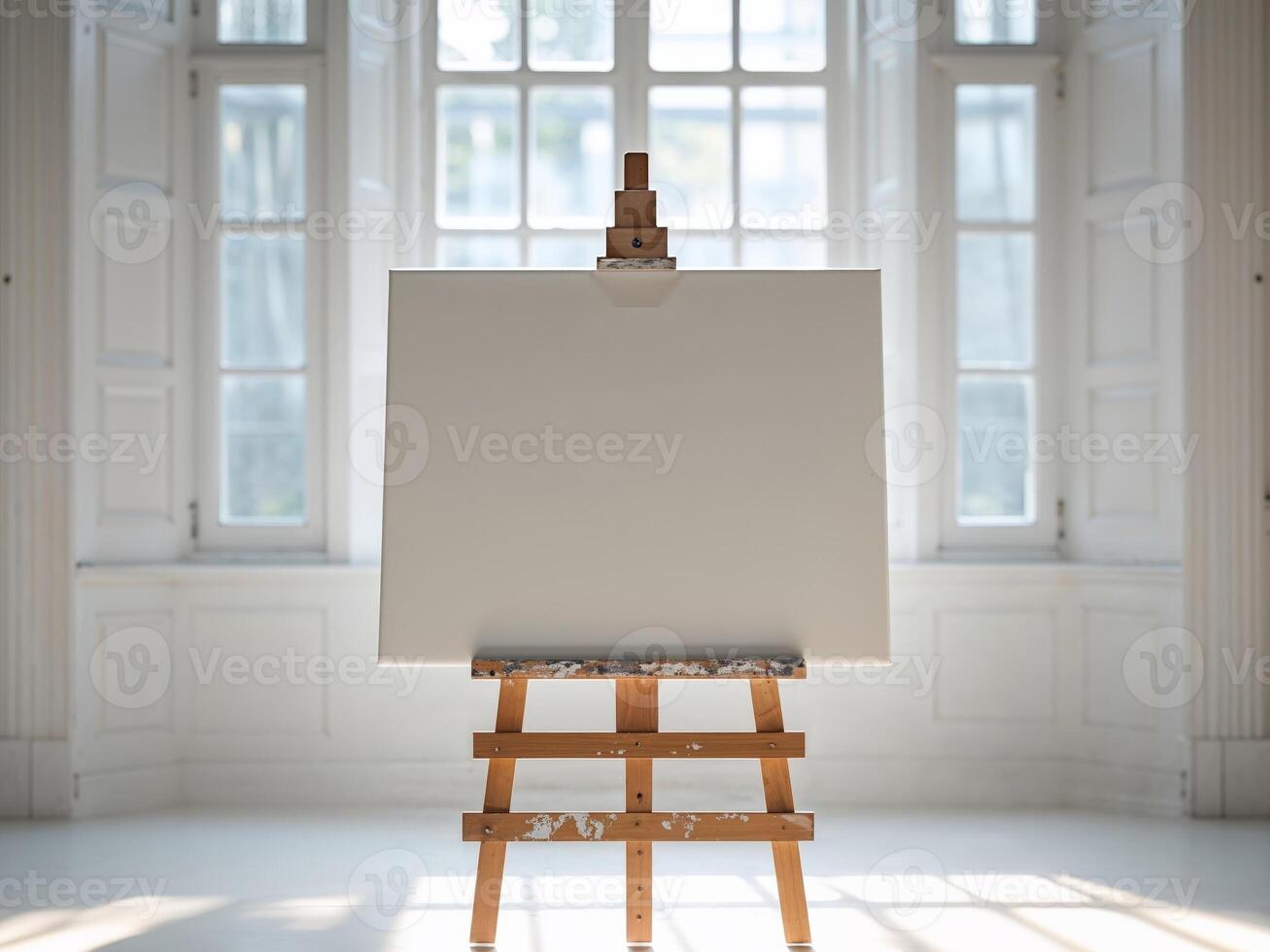 Empty White Canvas On Wooden Easel In Sunlit Room photo
