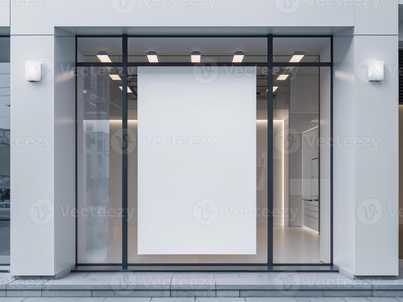 Modern office or shop building exterior with blank white mockup poster in window display for branding and advertisement photo
