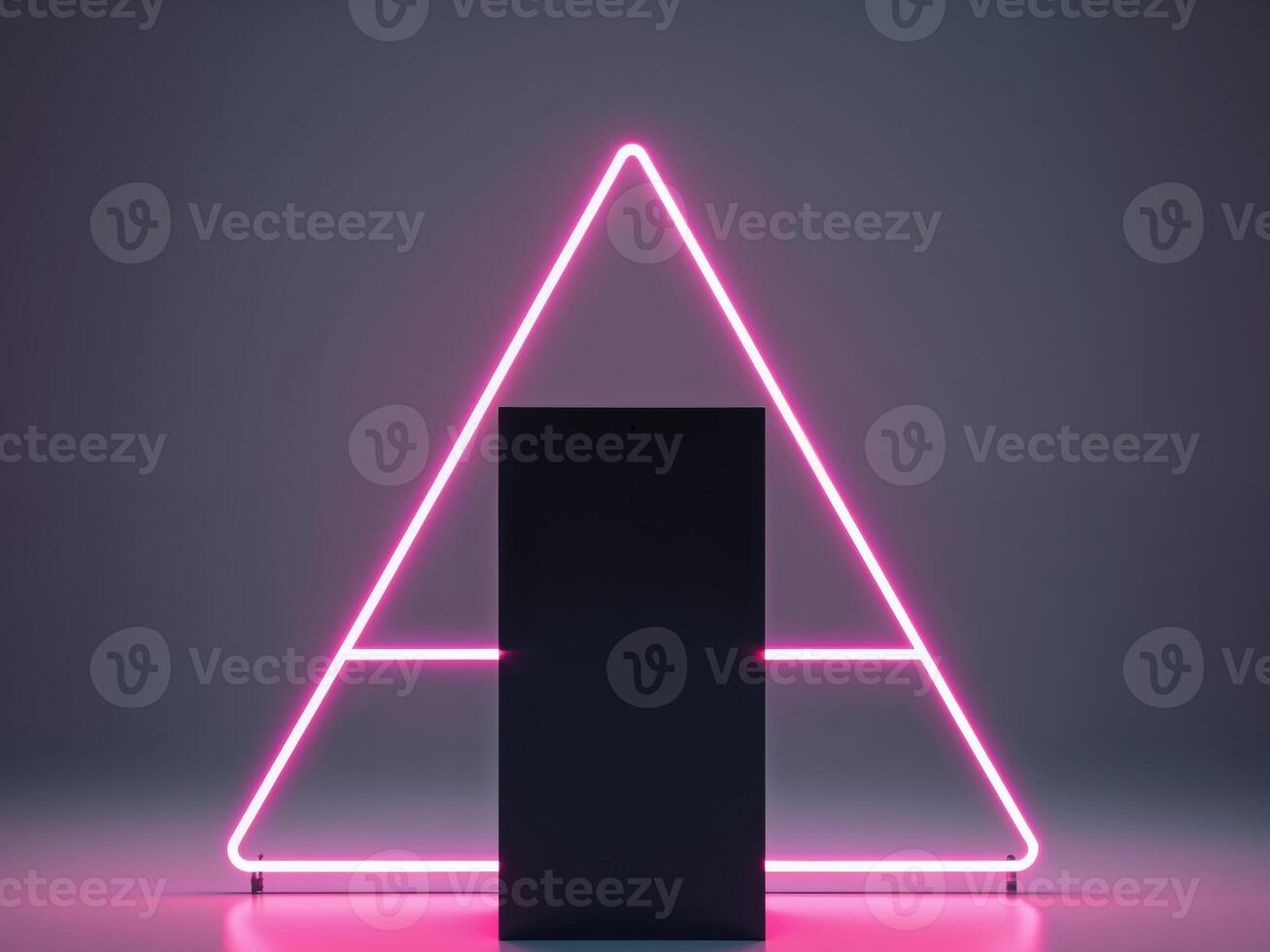 Black pedestal with neon pink light in triangular frame. photo