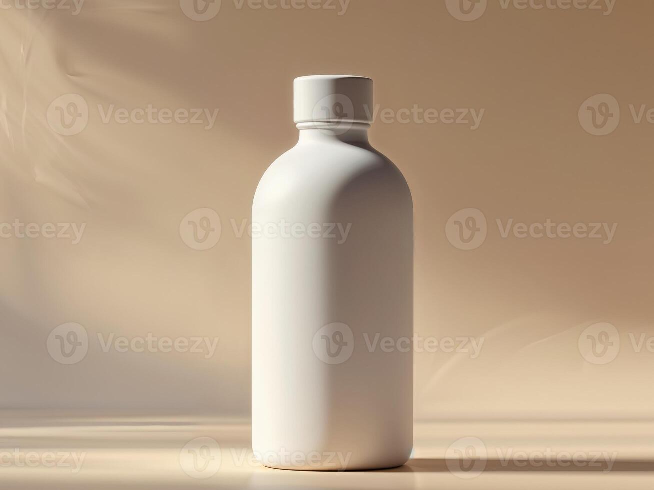 Blank White Bottle Mockup on Warm Beige Background Minimal Product Packaging Design photo
