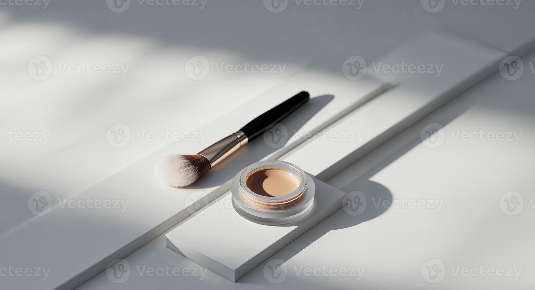 Exploring the art of makeup application with foundation and brush on a smooth surface photo