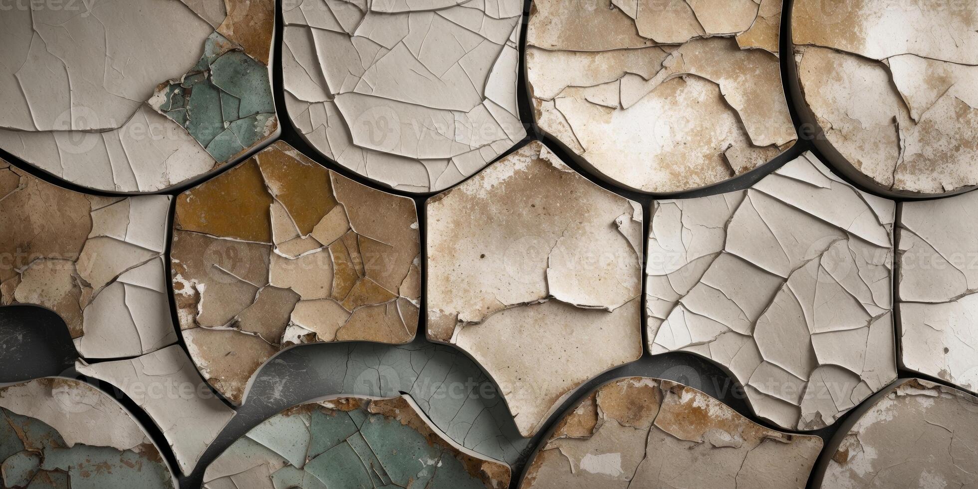Cracked and aged ceramic tiles with rustic weathered textures in earthy tones photo