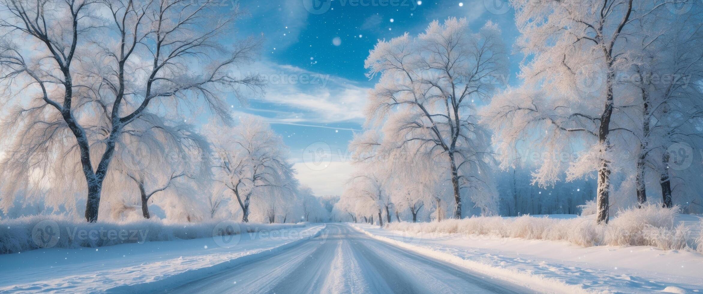a picturesque snow covered road lined with frosty trees under a clear sky capturing the serene beauty of a winter landscape. photo