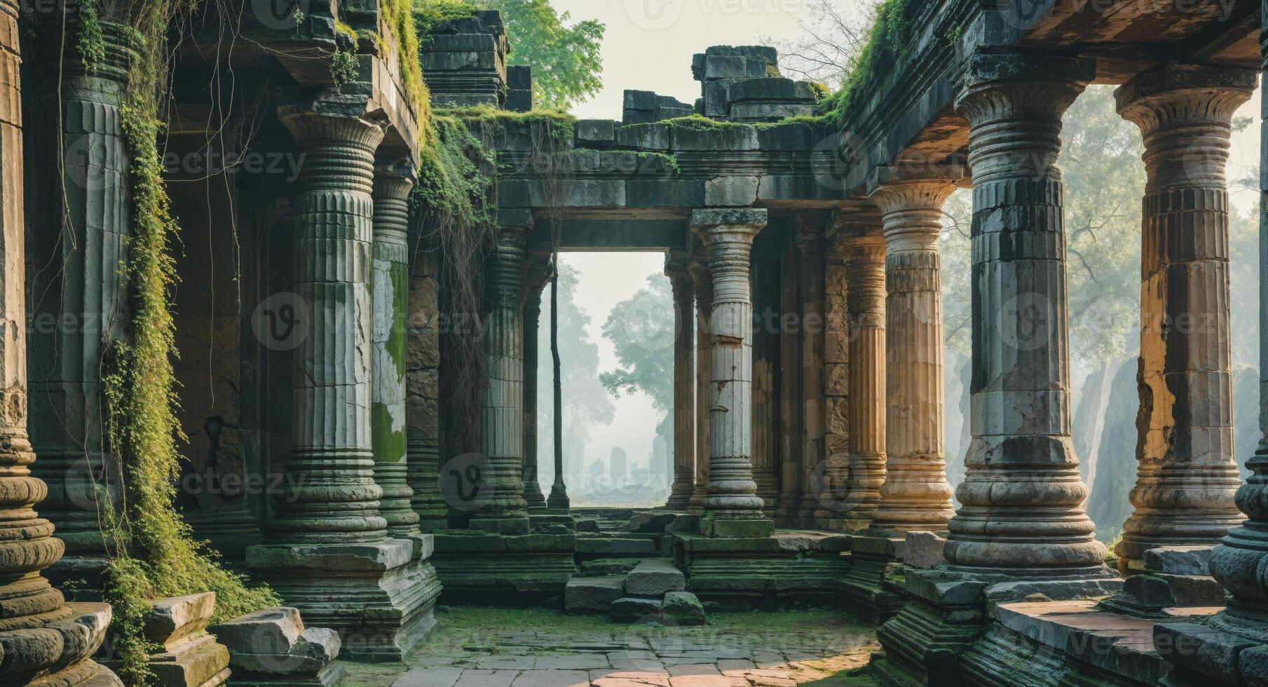 Ancient temple ruins overgrown with vines and moss. photo