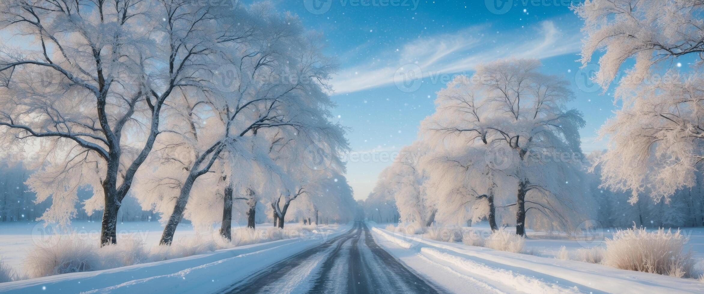 a picturesque snow covered road lined with frosty trees under a clear sky capturing the serene beauty of a winter landscape photo
