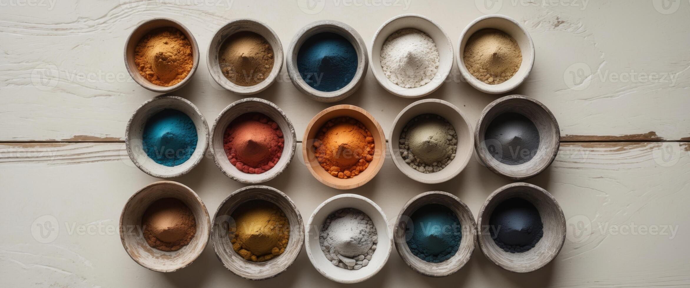 A variety of colored powders in bowls photo