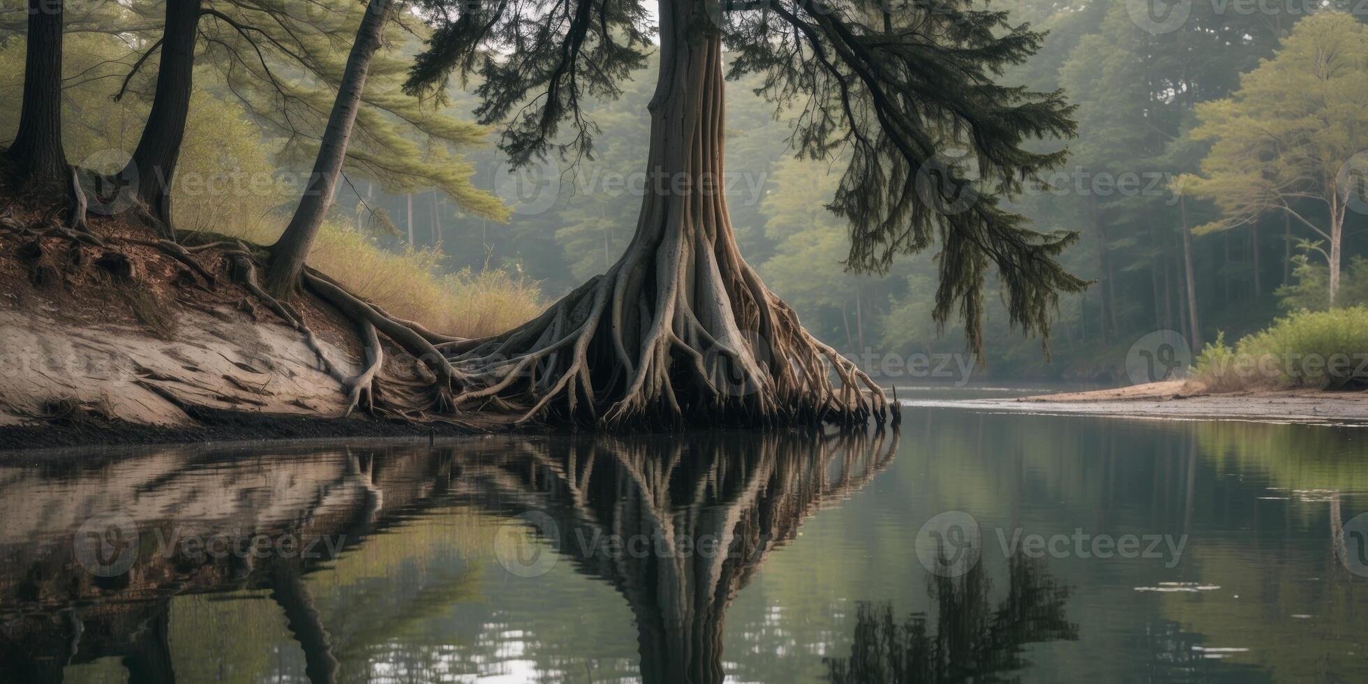 A tree with its roots in the water photo
