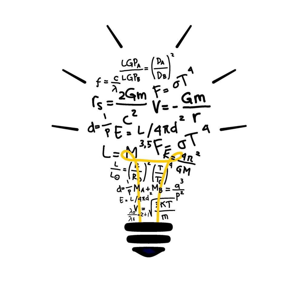 light bulb with physic formulas doodle vector