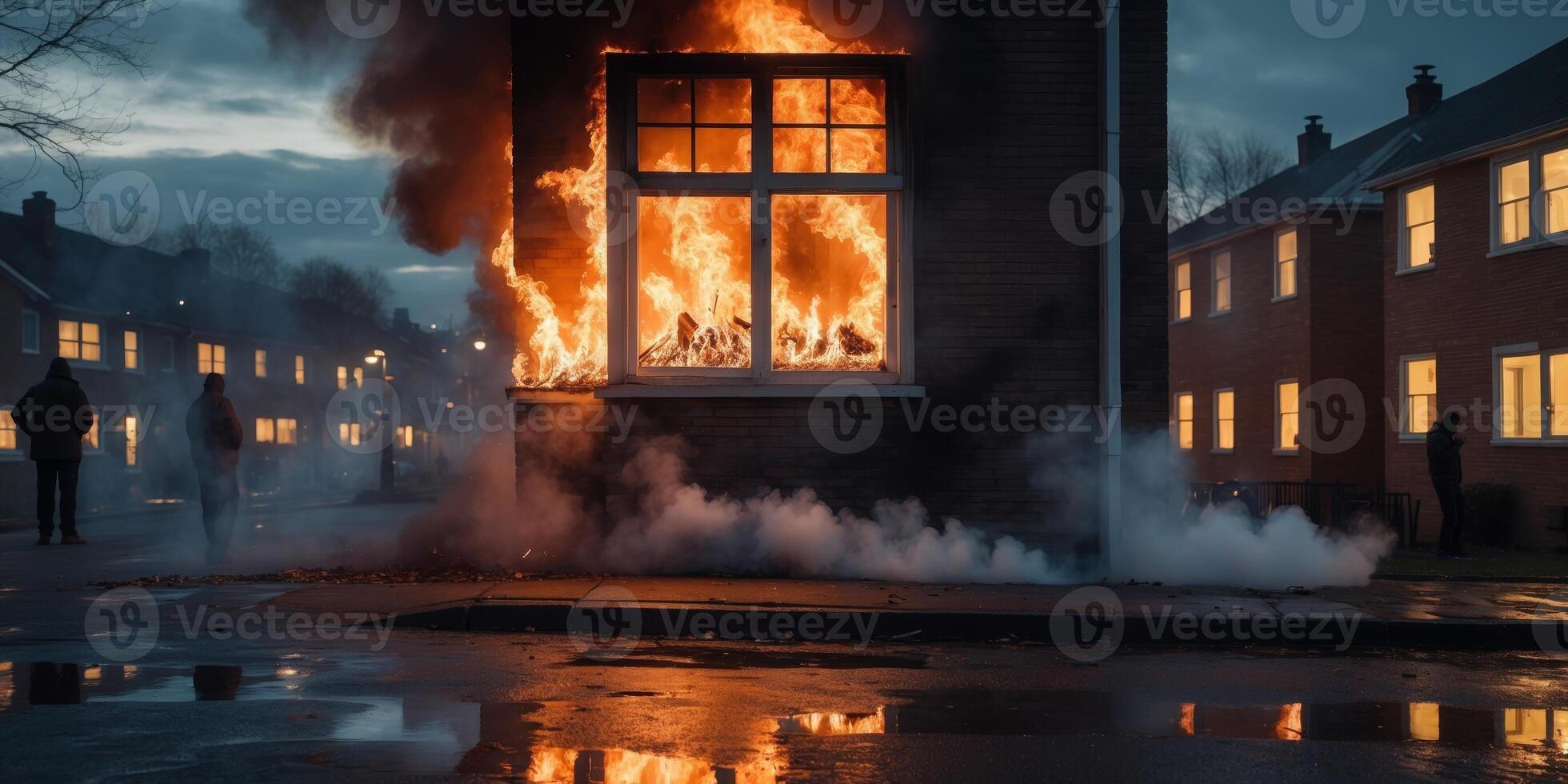 A house on fire with smoke coming out of the window photo