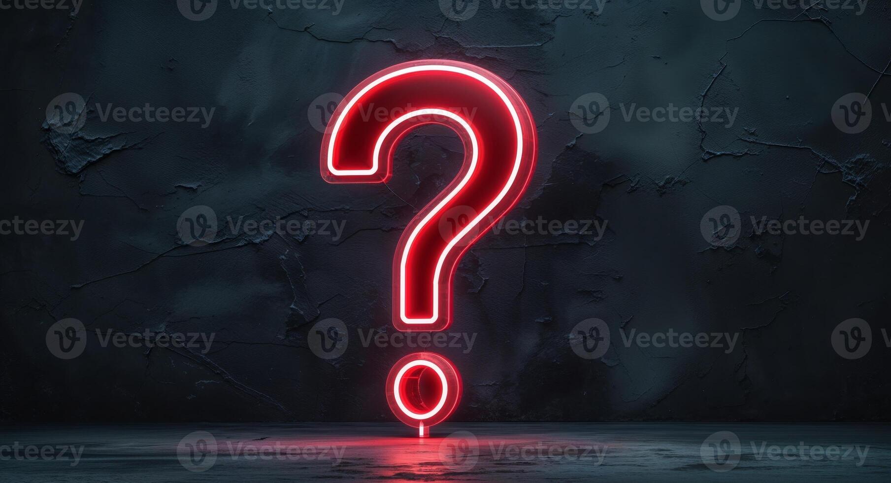 A red question mark is shown in front of a dark wall photo