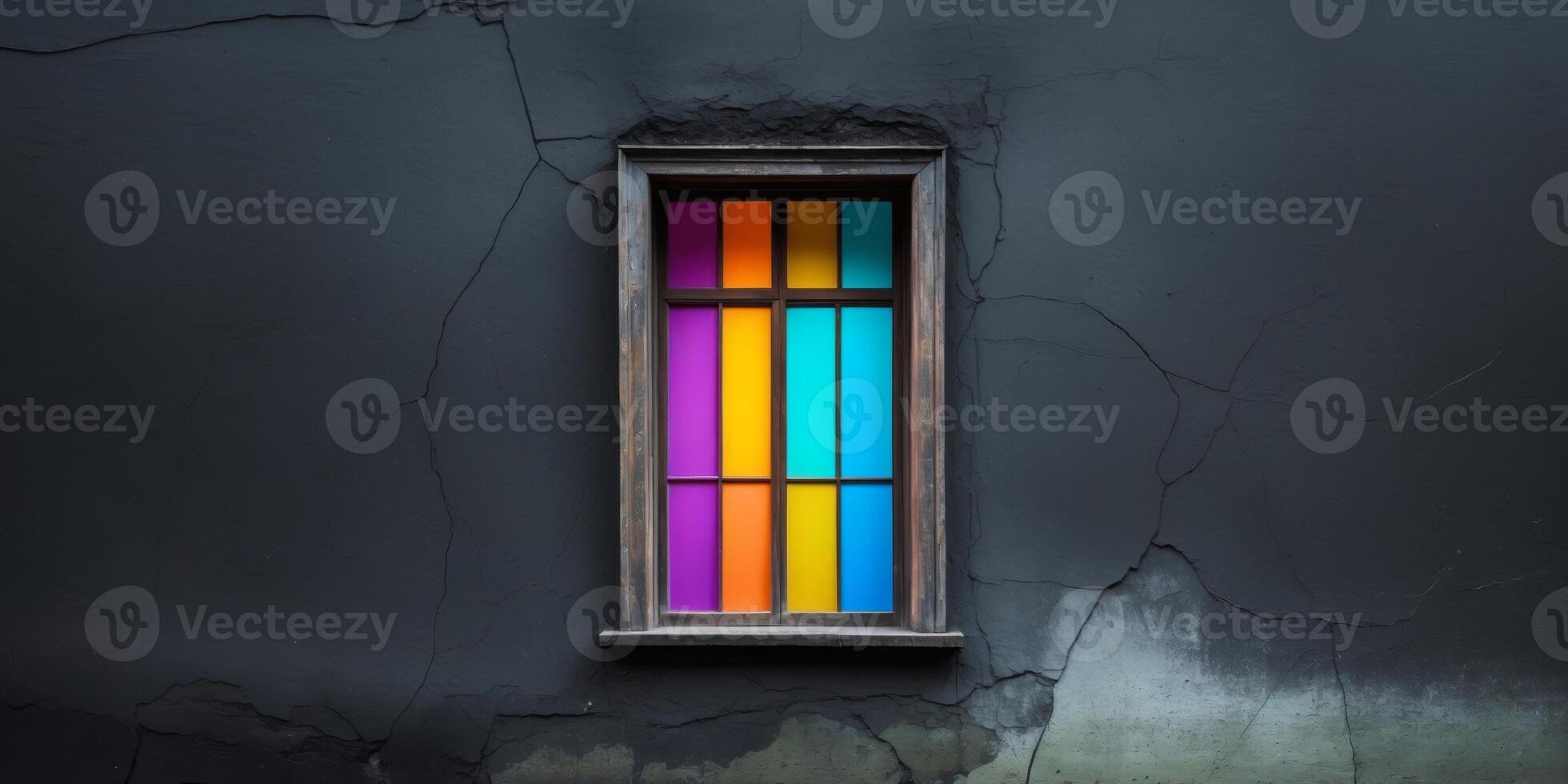 A window with a rainbow colored frame on a black wall photo