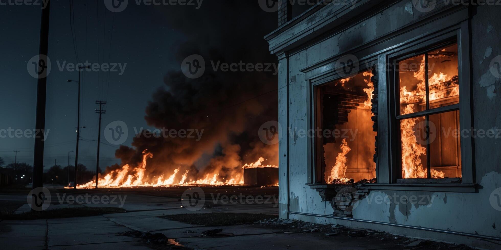 A burning building is seen in the night photo