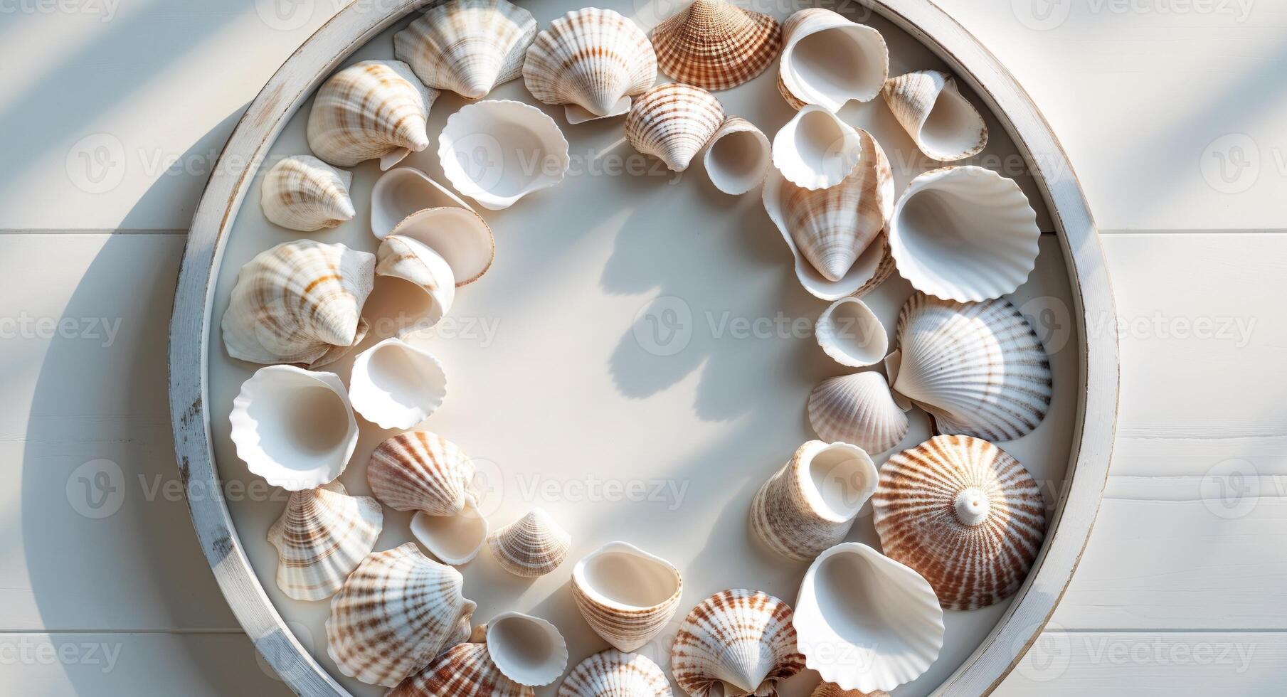 A circular frame with shells arranged in it photo