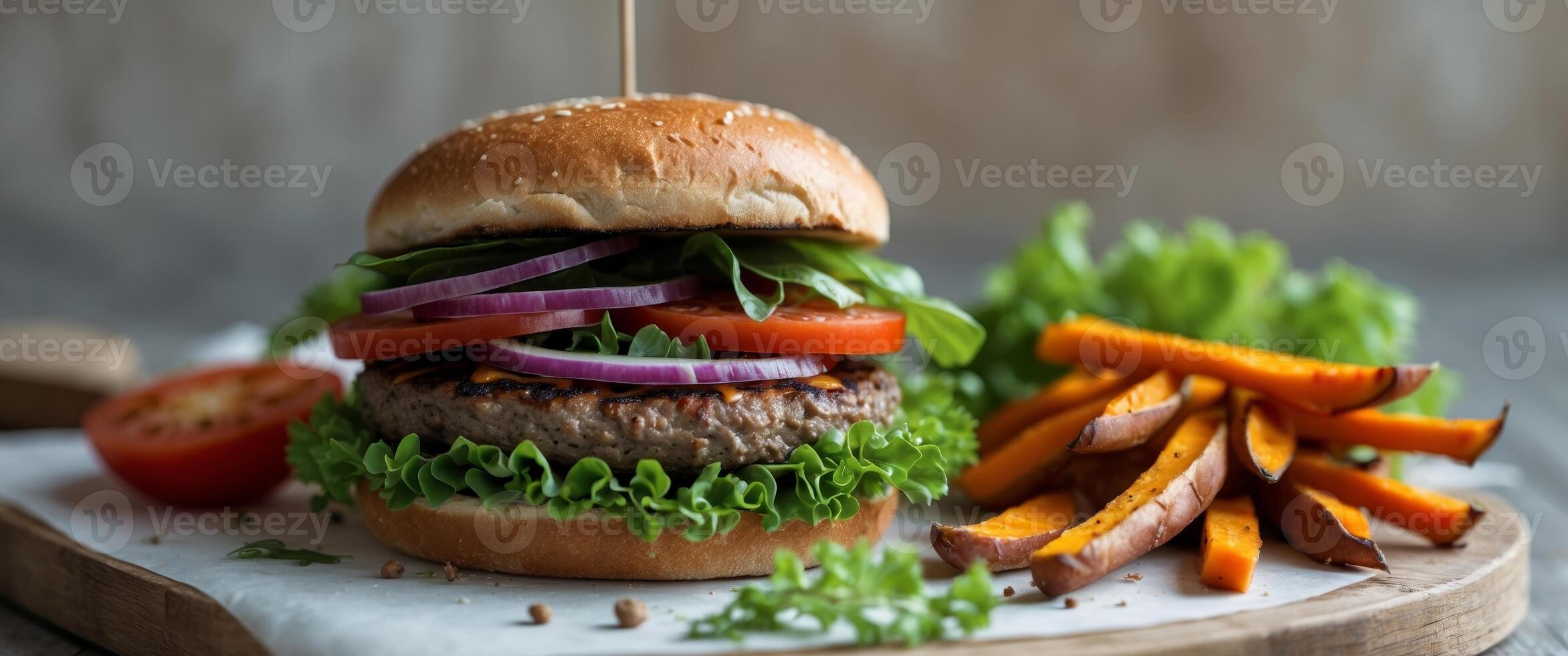 A hamburger with vegetables and a pickle on a wooden cutting board photo