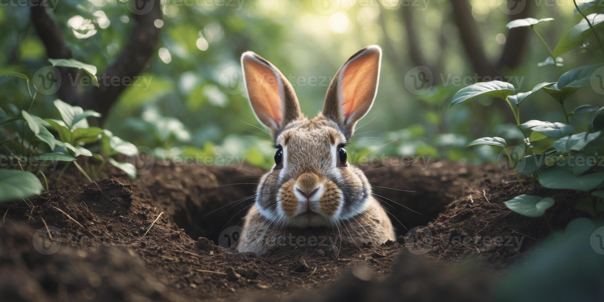 A rabbit is peeking out of a hole in the forest photo