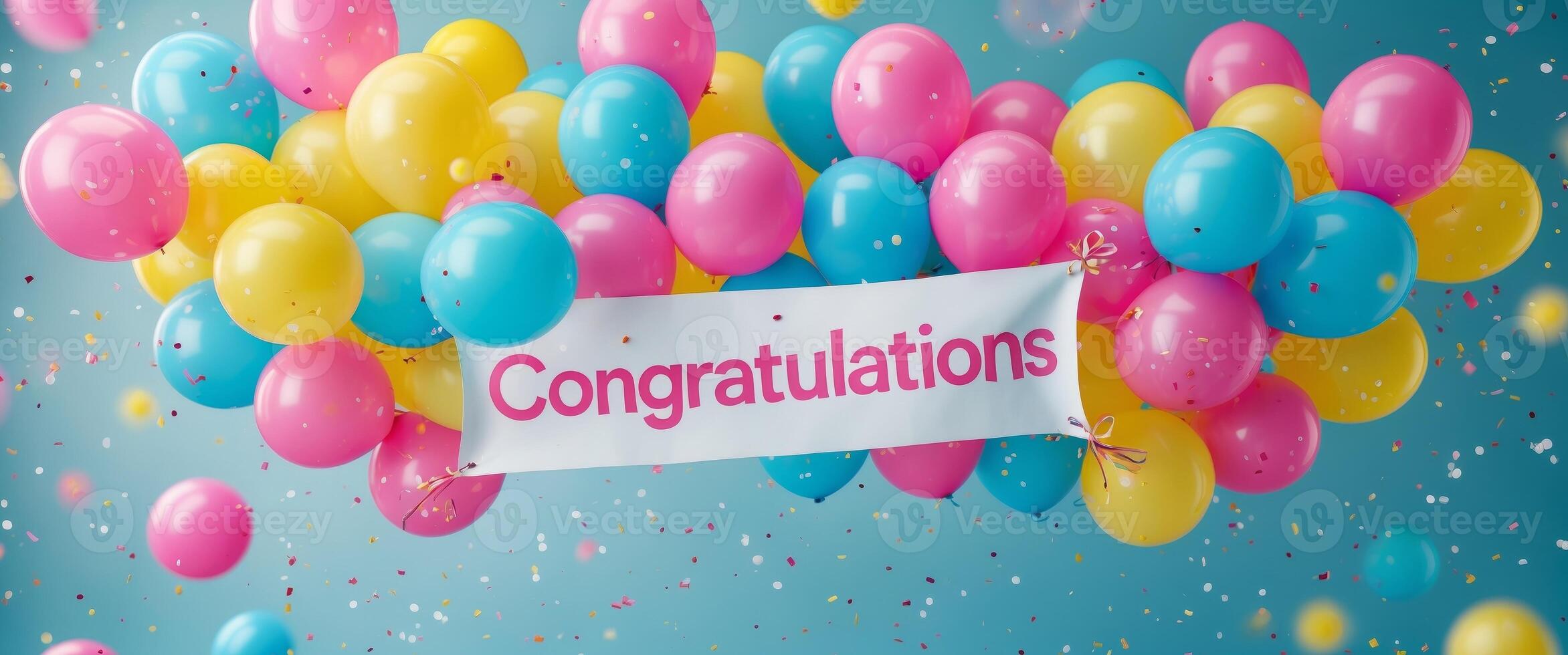 Congratulations banner with colorful balloons on blue background 3d illustration photo