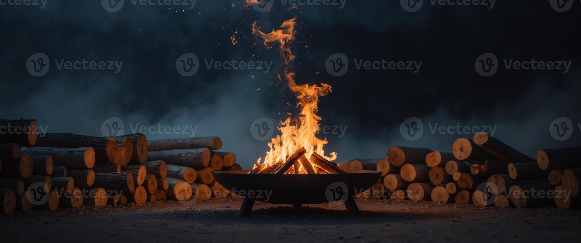 flames are lit in a fire pit with logs and logs. photo