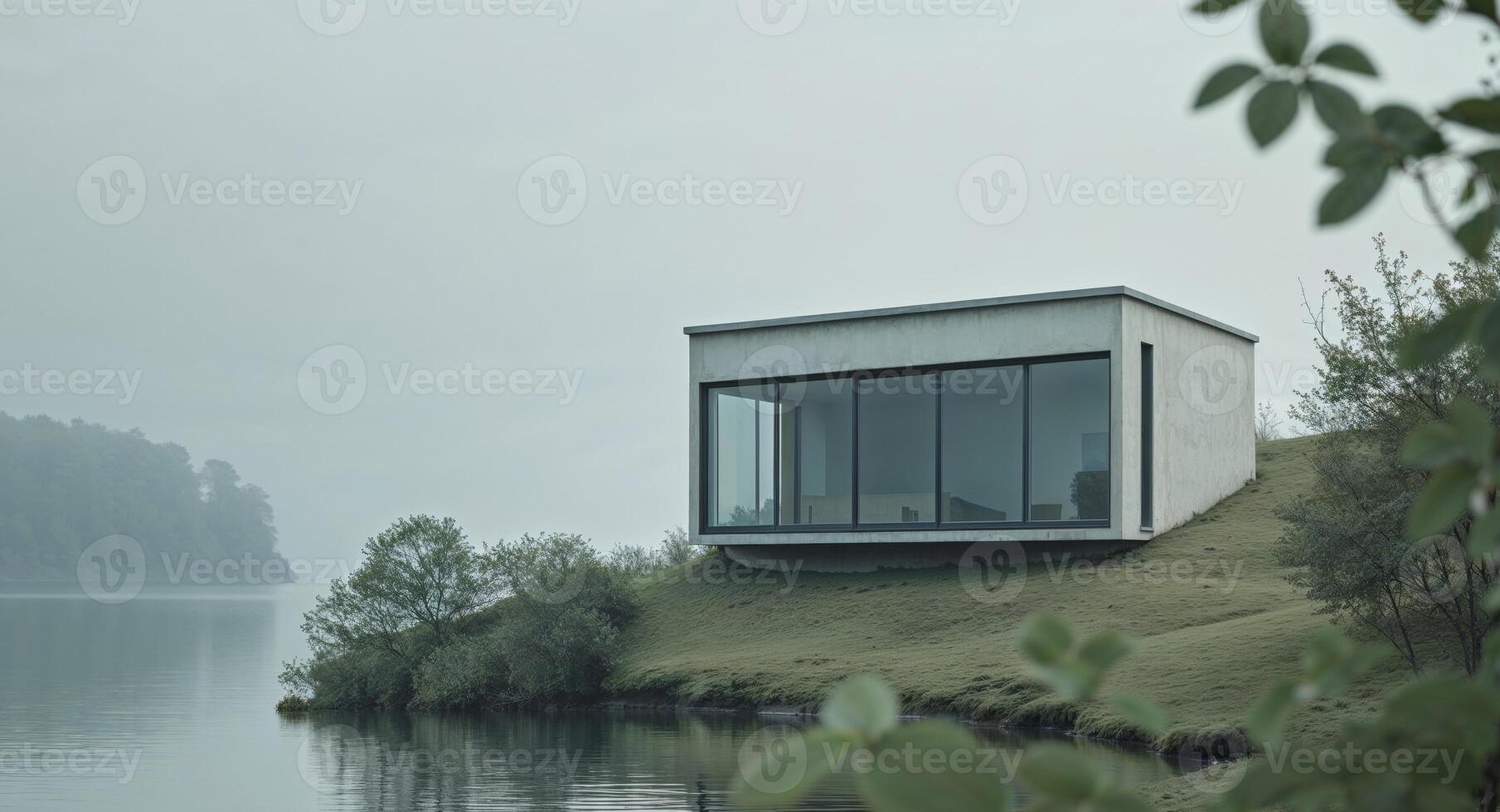 A small house sits on the edge of a lake photo