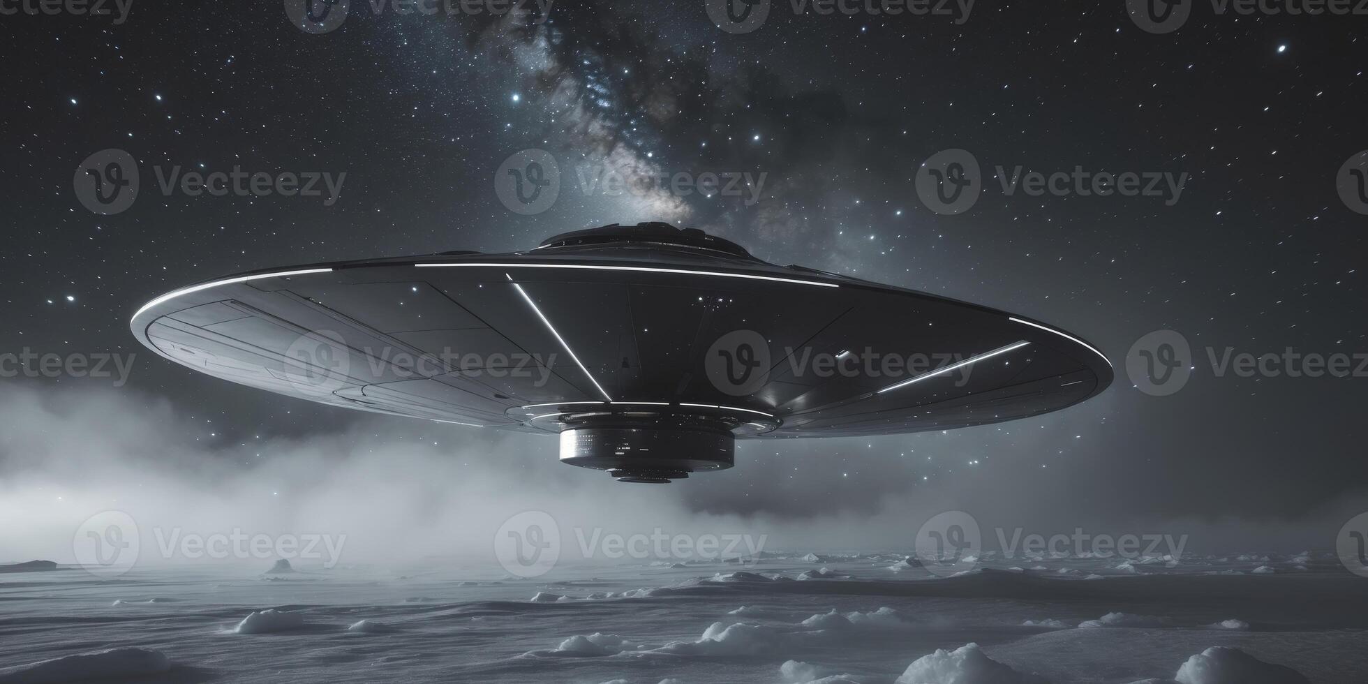 Mysterious spacecraft observed over icy landscape under starry night sky. photo