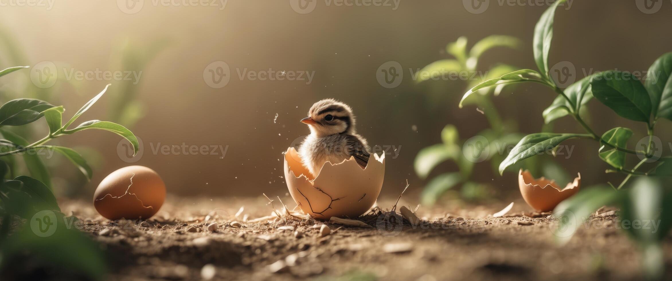 Tiny Bird Emerging from Egg with Shell in Natural Setting photo