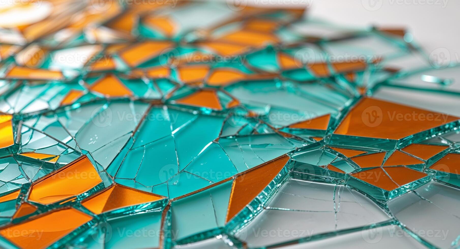Cracked glass surface creating geometric design with striking orange turquoise colors photo