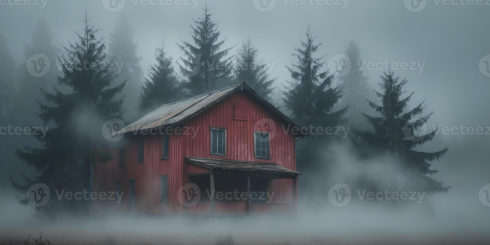 Fog enveloping a red wooden house and coniferous trees creates a mysterious atmosphere photo