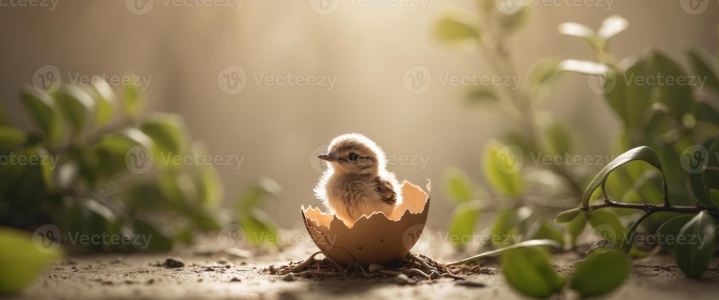 Tiny Bird Emerging from Egg with Shell in Natural Setting. photo