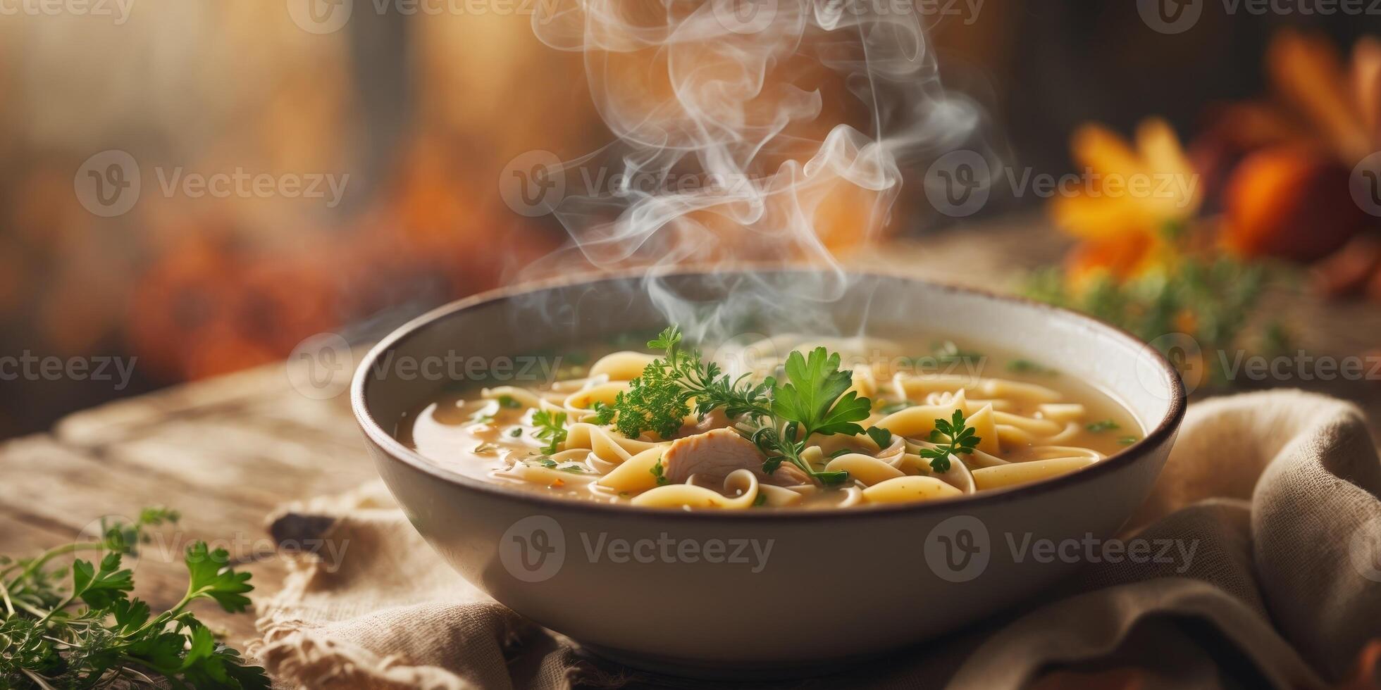 Steaming bowl of chicken noodle soup with herbs served in a cozy setting during autumn. photo
