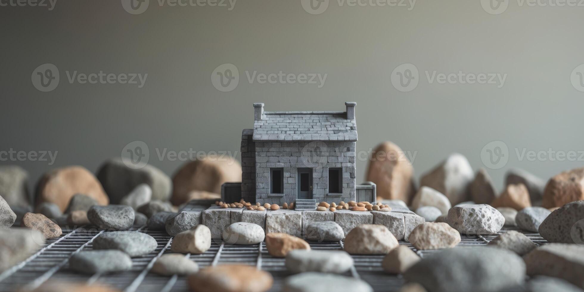 Grey Stone Miniature Building with Grid and Rocks. photo