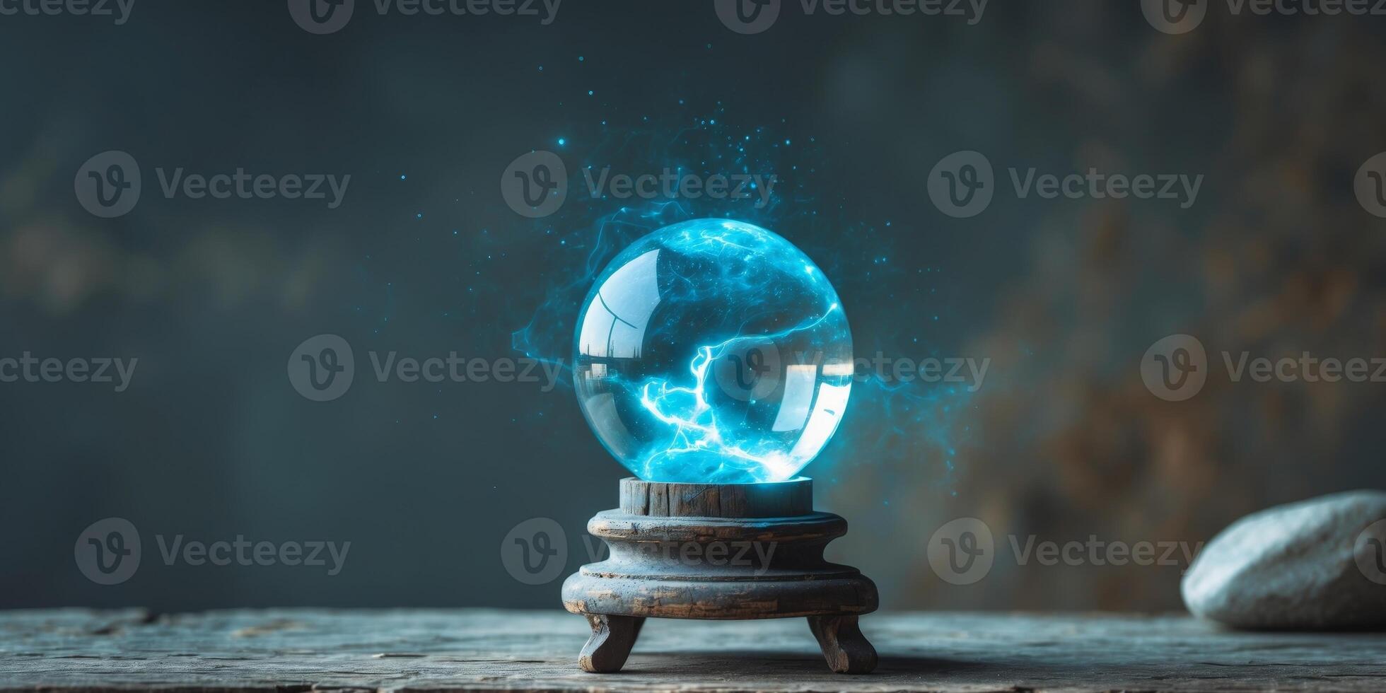 Crystal ball on a rustic stand with glowing blue energy inside. photo