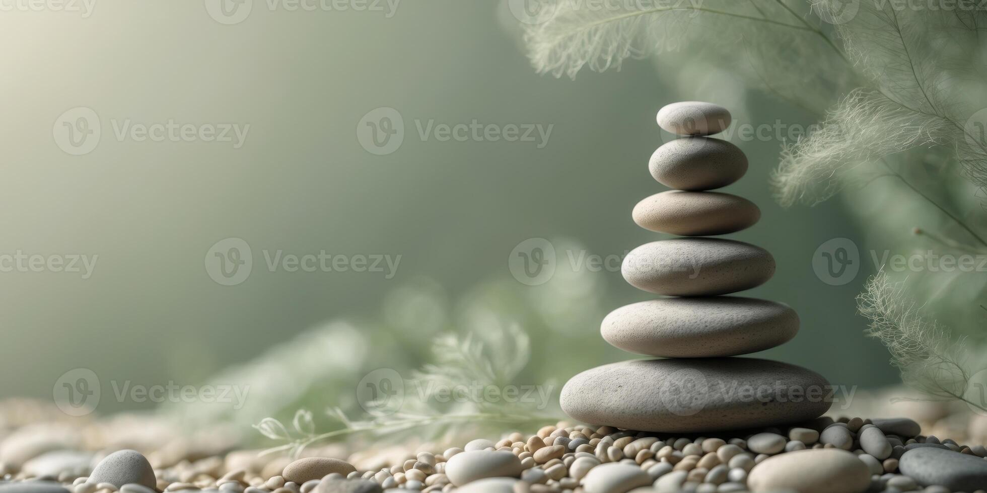 Balanced arrangement of smooth stones in a stacked formation on a bed of smaller stones with greenery in the background Copy Space photo