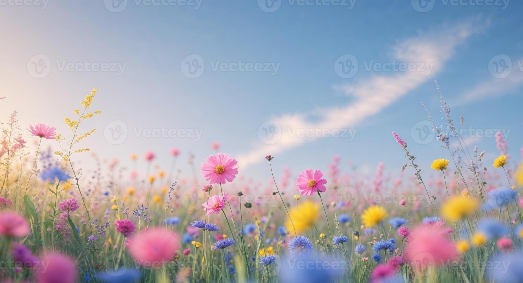 A field of wildflowers with blue sky in the background photo