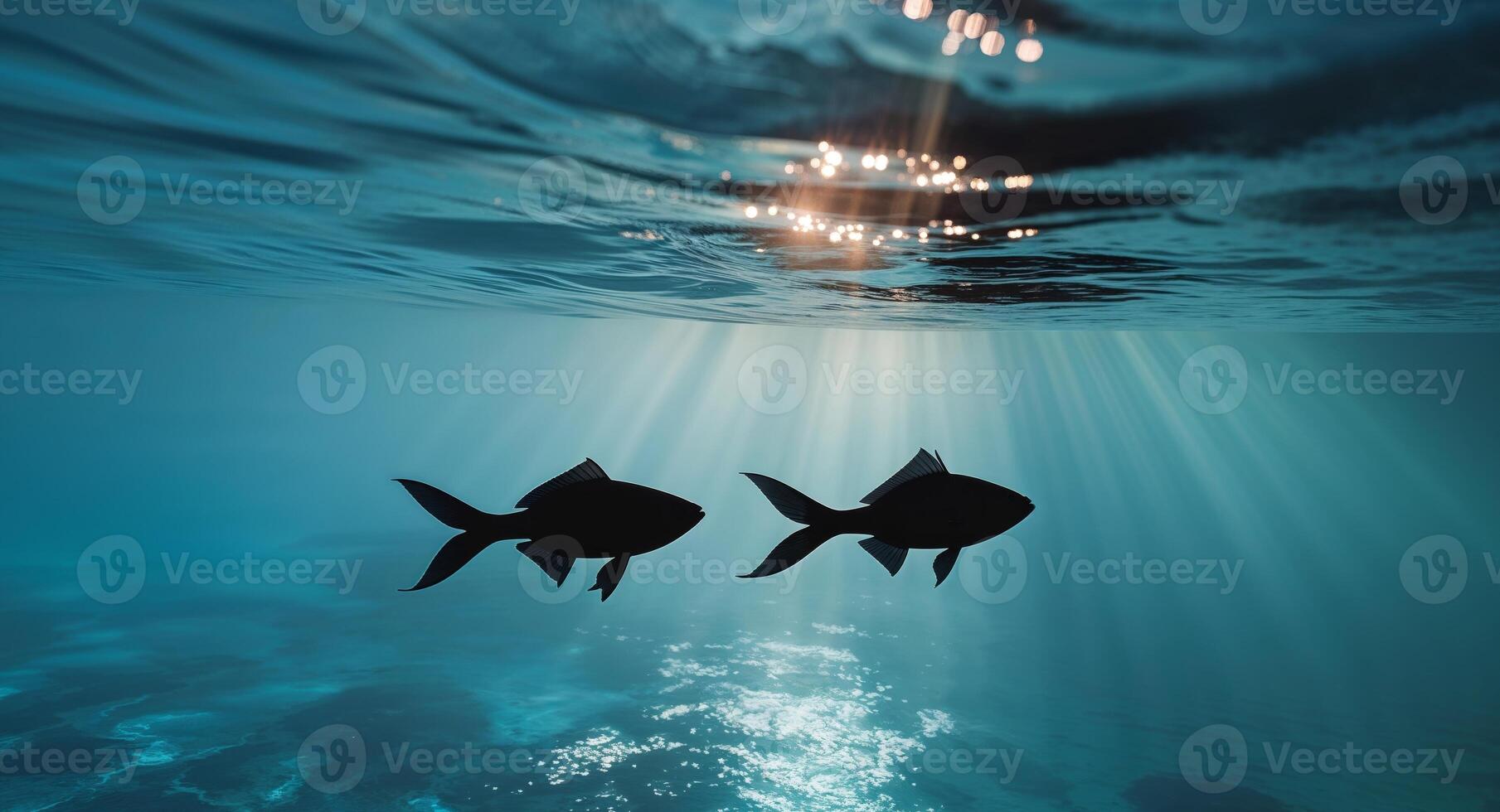 Two fish swimming in the ocean with sunlight shining through photo