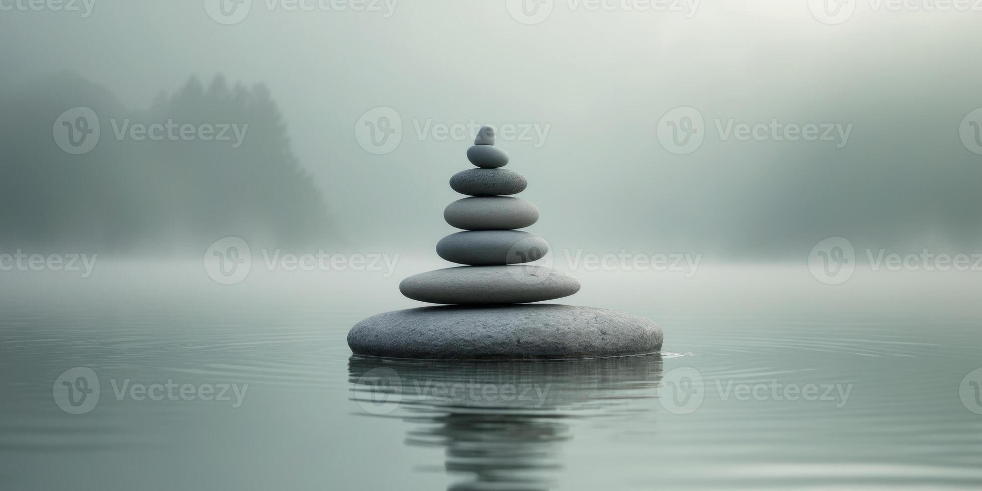 Calm Serenity Stack of Smooth Stones by Tranquil Waters in Soft Misty Landscape Background photo