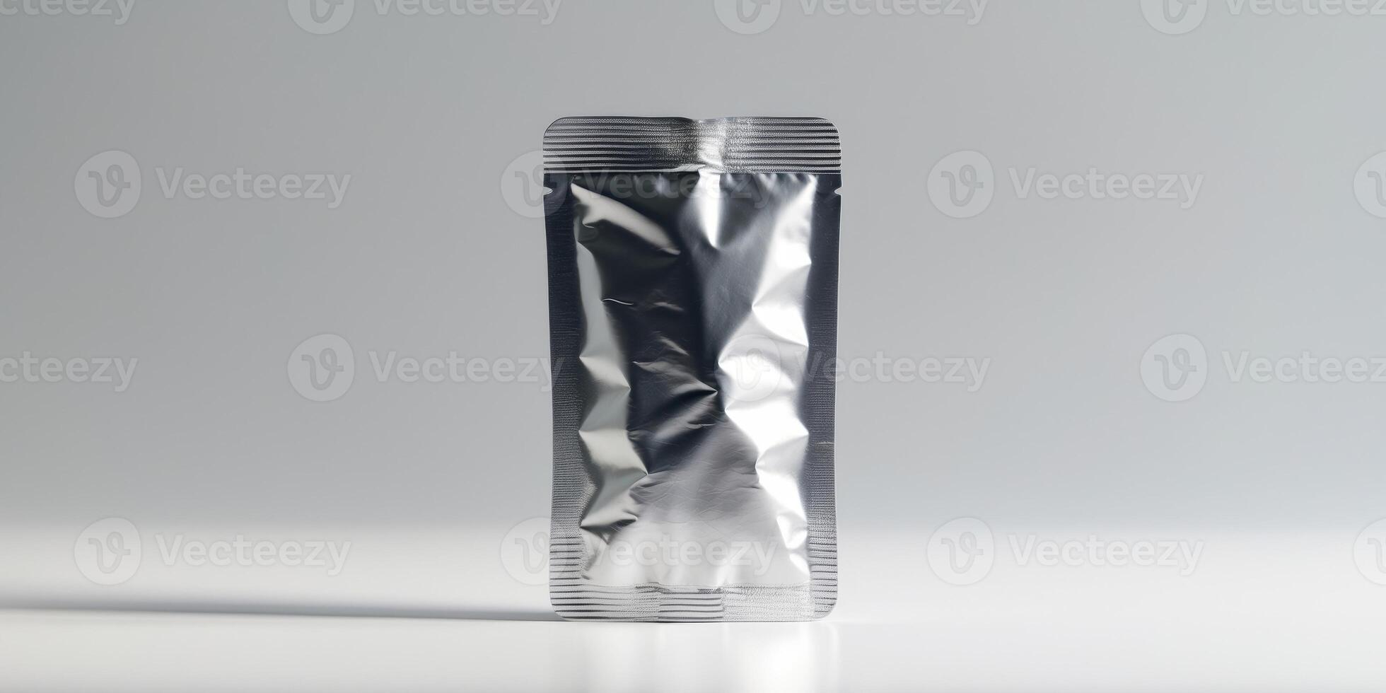 Blank Sachet Pouch with a Wrinkled Foil Texture on a Clean Background for Advertising and Packaging Design photo
